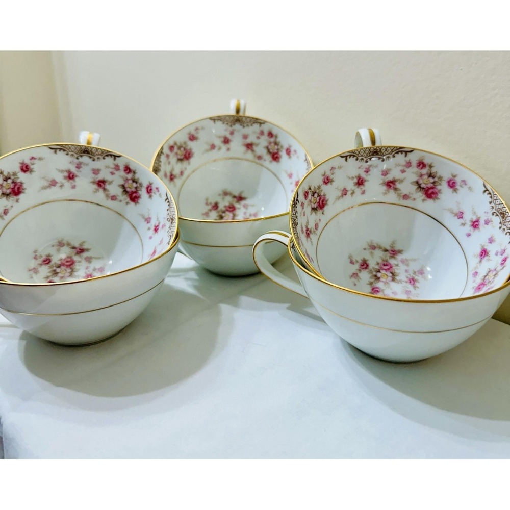 6 Noritake 5506 CHARMAINE Pink Tea Cups Flowers, Tan, Gold Trim, Japan 1954-62